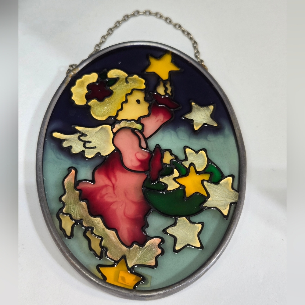 Vtg JBD Stained Glass Angel Suncatcher Hanging Ornament Christmas 1994